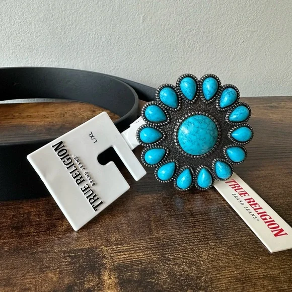 True Religion Black Belt Turquoise Buckle Bohemian Western Style L/XL NWT - Picture 2 of 4
